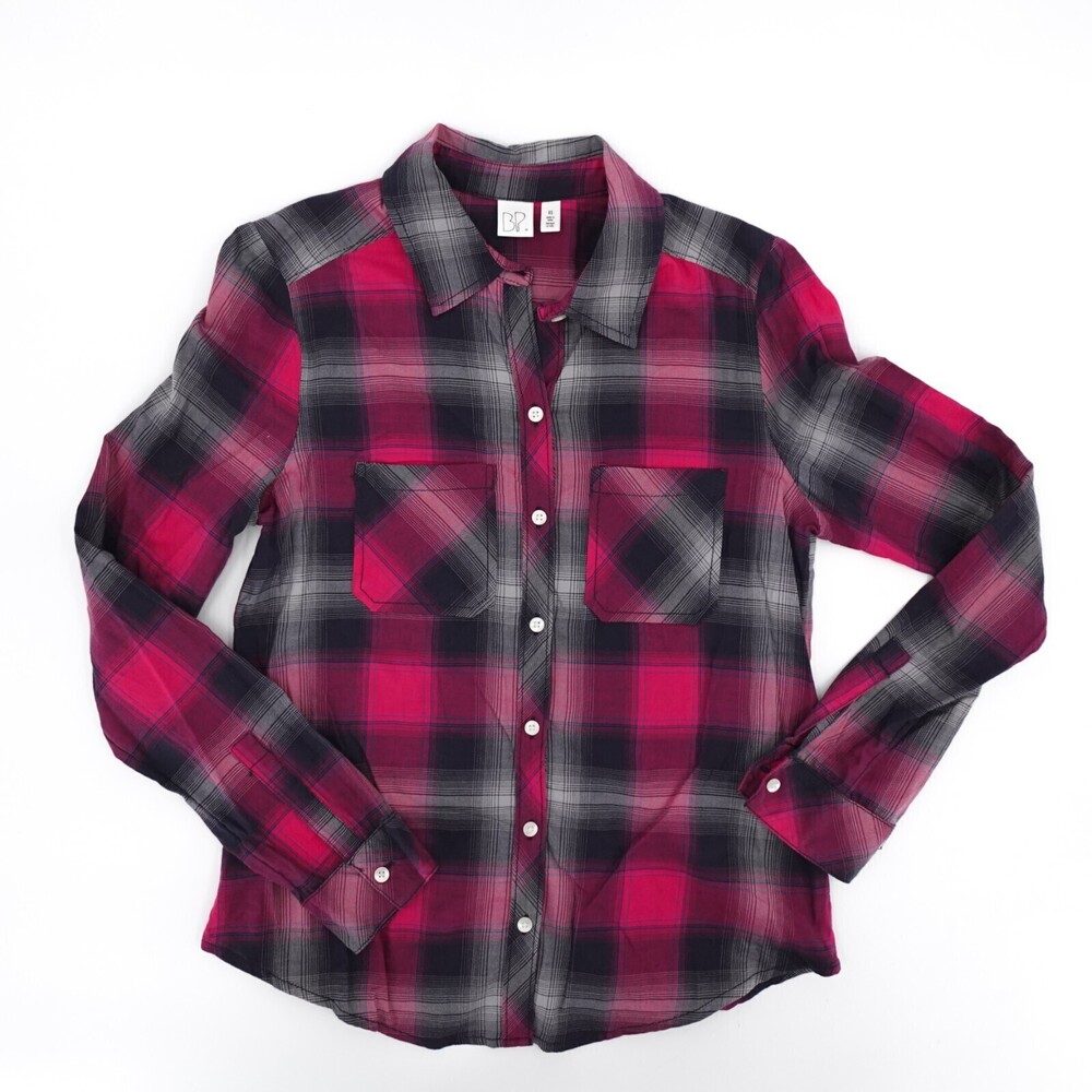 BP Shirt Womens Extra Small Red Gray Plaid Button Long Sleeve Pocket Collar